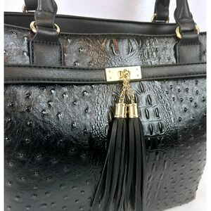 Black faux Ostrich/Croc Embossed Satchel Handbag w/ Tassel & Matching Pouch Set